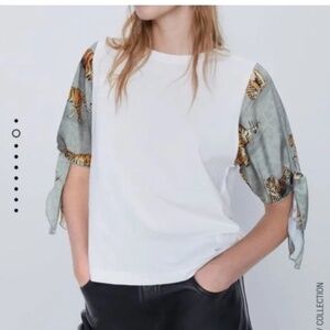 ZARA White Top Tiger Print Tie Sleeve Blouse Women’s US XS